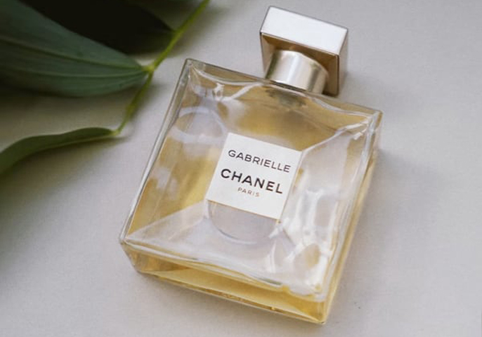 Gabrielle by Channel Perfum in grey background between two branches of green leaves